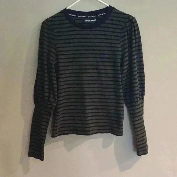 DKNY Jeans dark green black stripe‎ juliet long sleeve top women's small - Picture 1 of 4